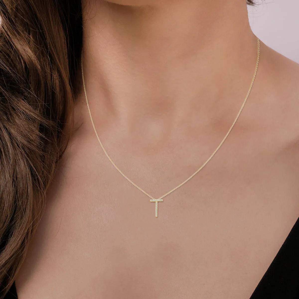 1/10 Carat Tw T Initial Diamond Pendant Necklace In 10K Yellow Gold With Adjustable Chain