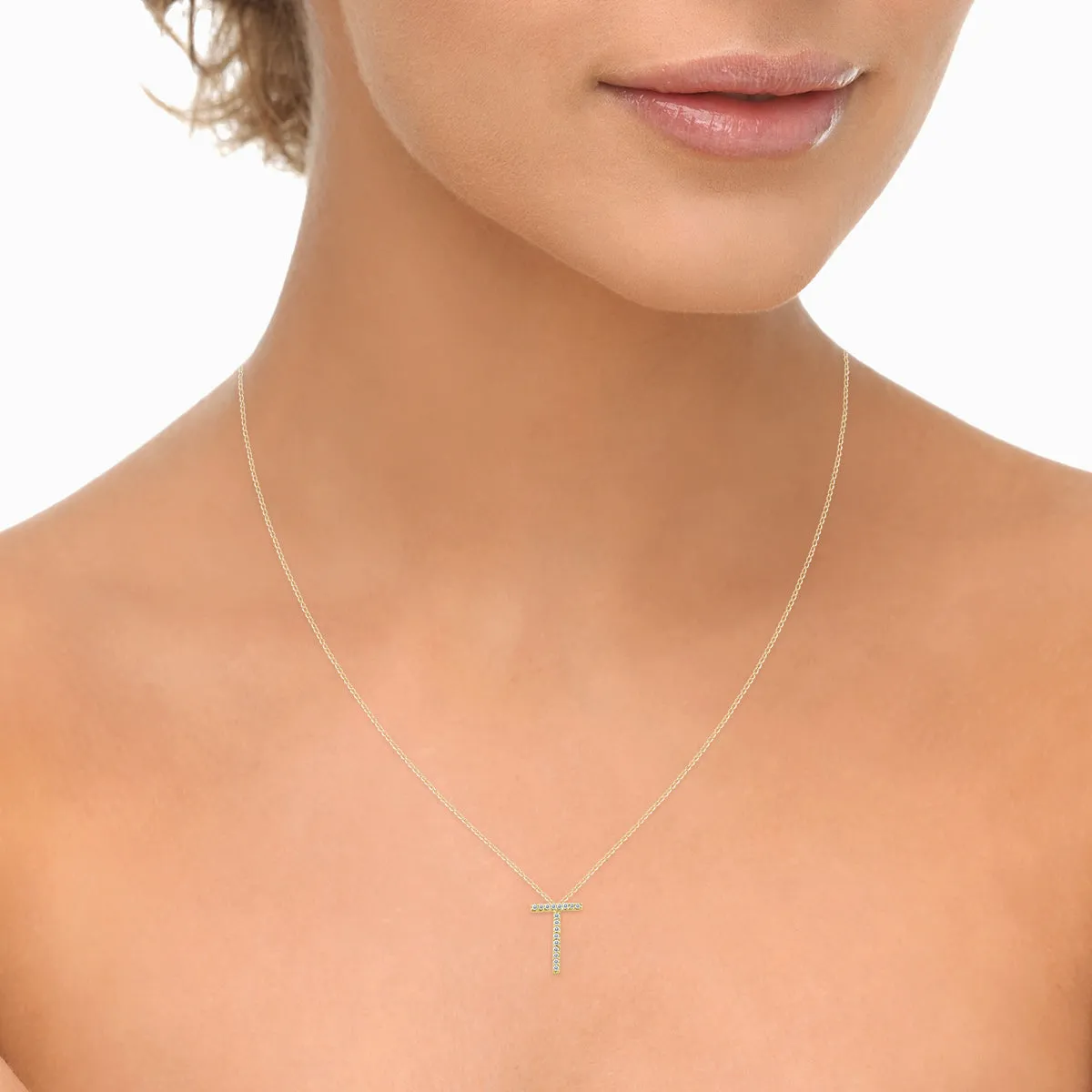 1/10 Carat Tw T Initial Diamond Pendant Necklace In 10K Yellow Gold With Adjustable Chain