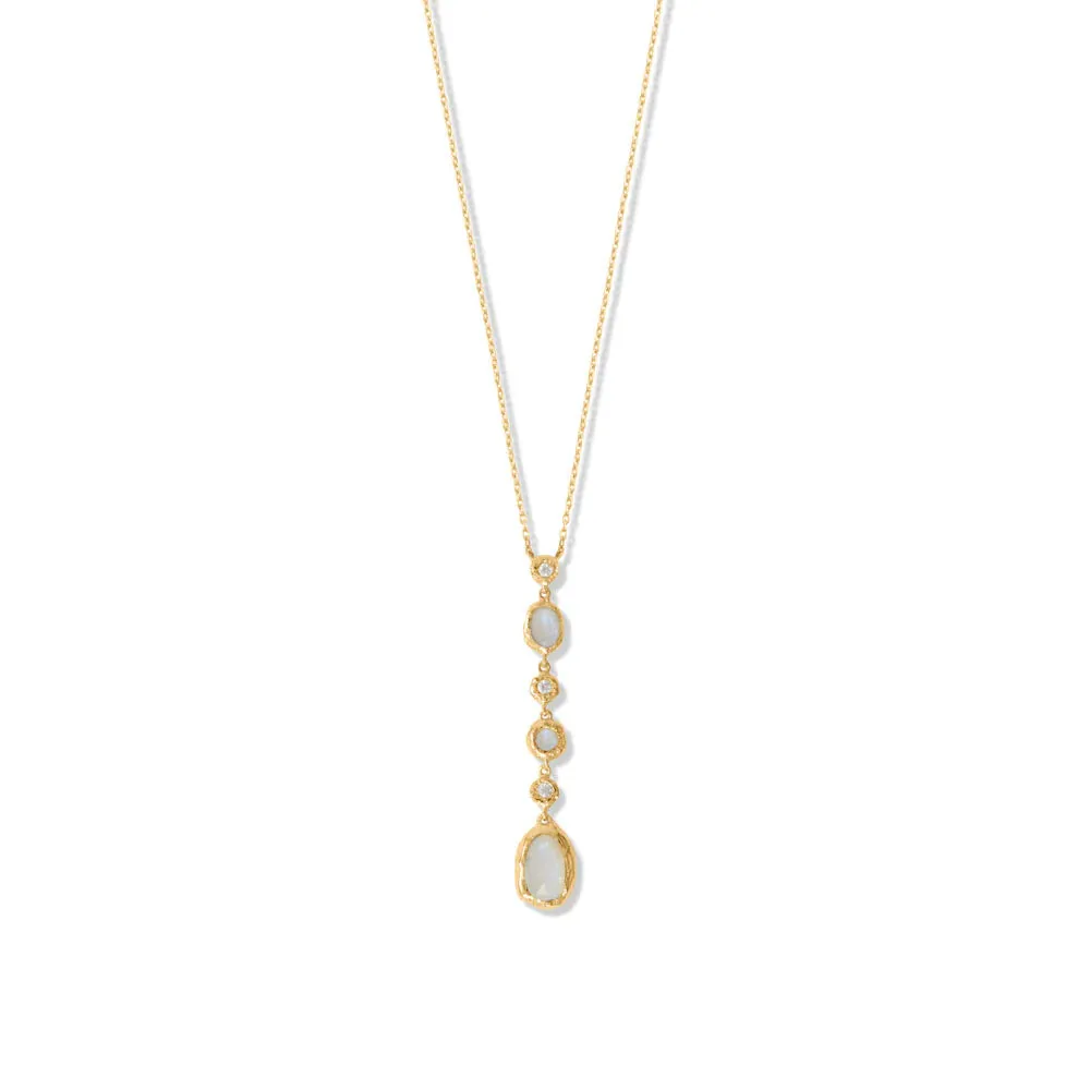 16"   2" 14 Karat Gold Plated CZ and Rainbow Moonstone Drop Necklace