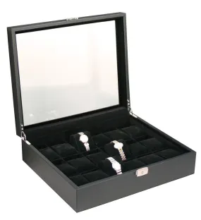 (18) Black Leather Watch Box with Glass Top