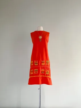 1960's Owl Embroidered Shift Dress / Sz M