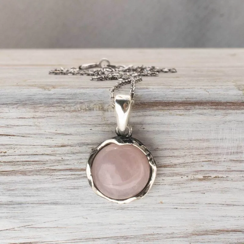 925 Sterling Silver Round Pink Rose Quartz 12mm Pendant