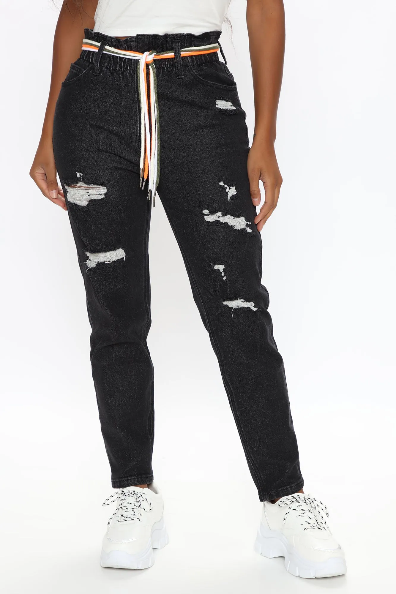 A Lil Tied Up Distressed Straight Leg Jeans - Black