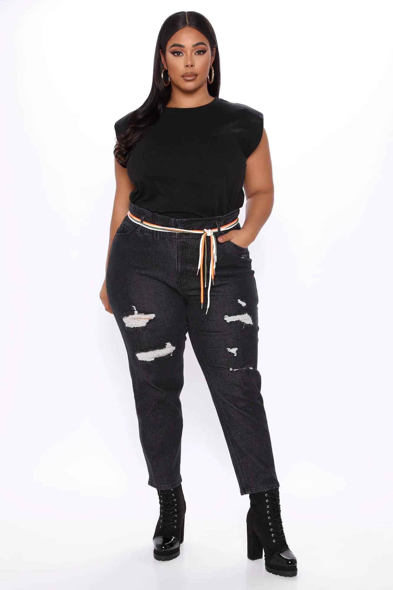 A Lil Tied Up Distressed Straight Leg Jeans - Black