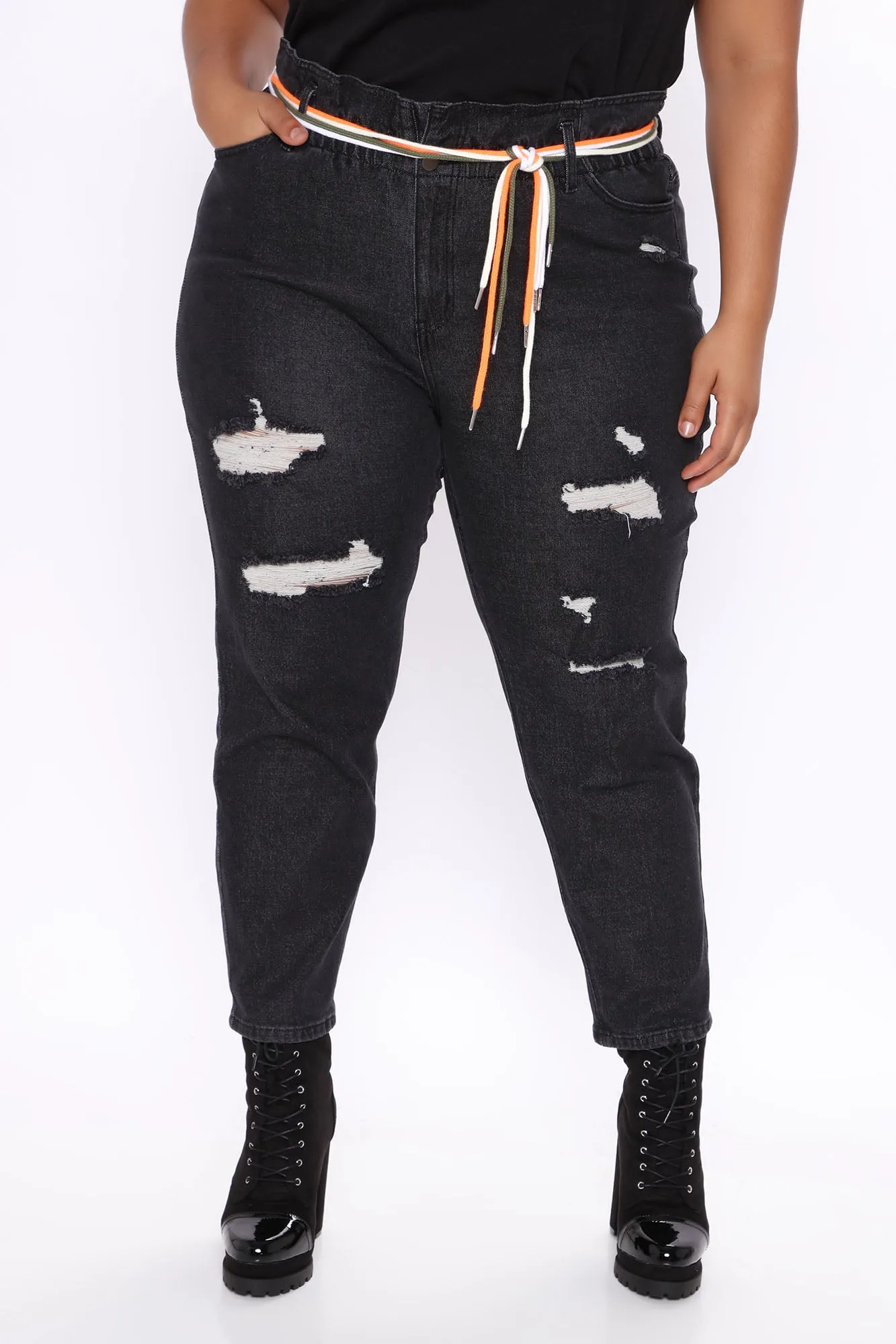 A Lil Tied Up Distressed Straight Leg Jeans - Black