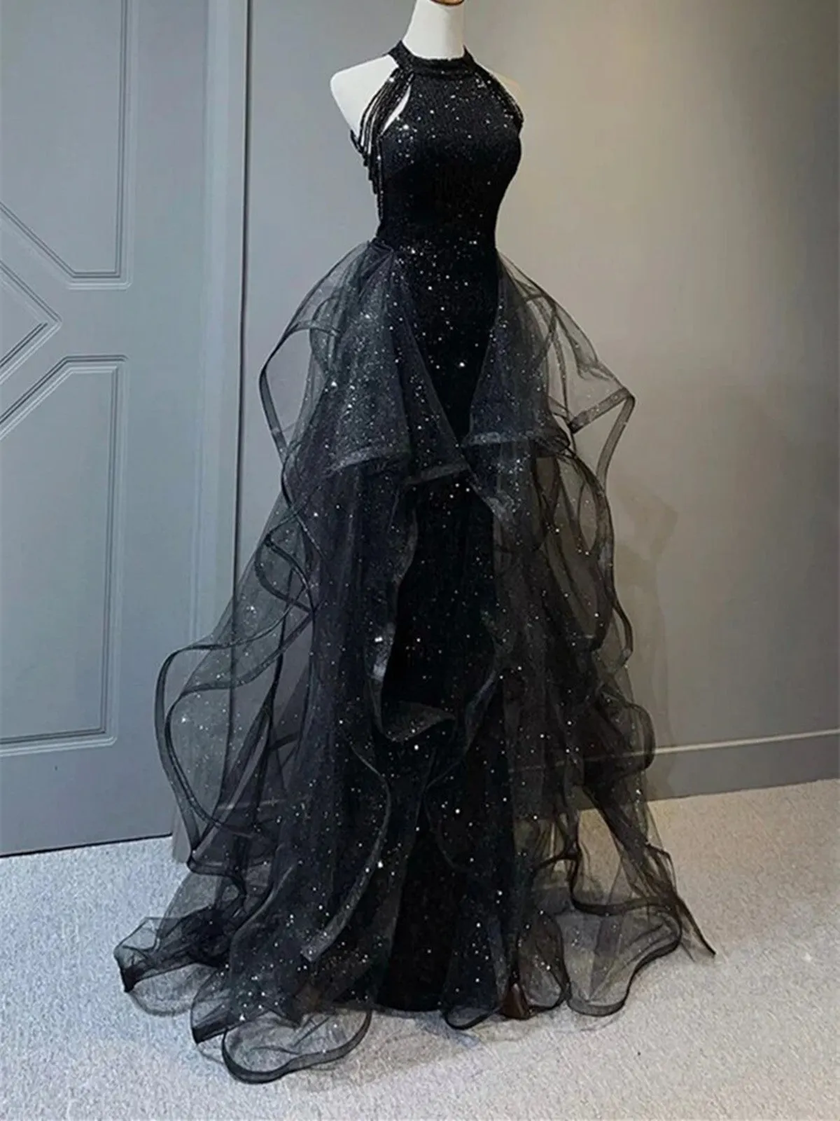 A Line Shiny Black Tulle Long Party Dress with Beaded, Black Formal Evening Dress