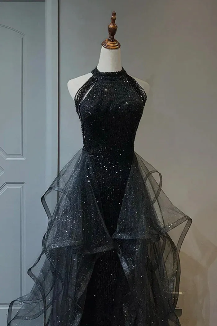 A Line Shiny Black Tulle Long Party Dress with Beaded, Black Formal Evening Dress