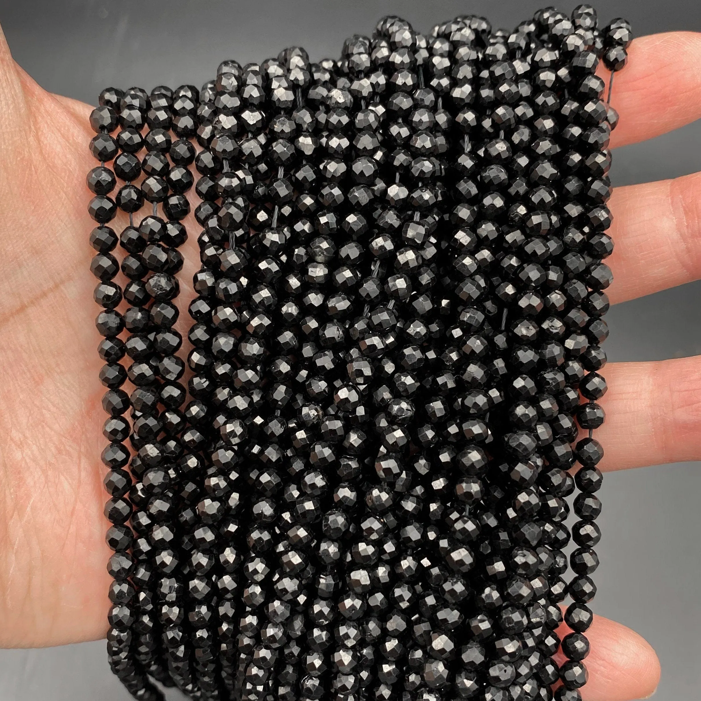 AAA Genuine Natural Black Tourmaline Faceted Round Beads 2mm 3mm 4mm 5mm Micro Diamond Cut Gemstone 15.5" Strand