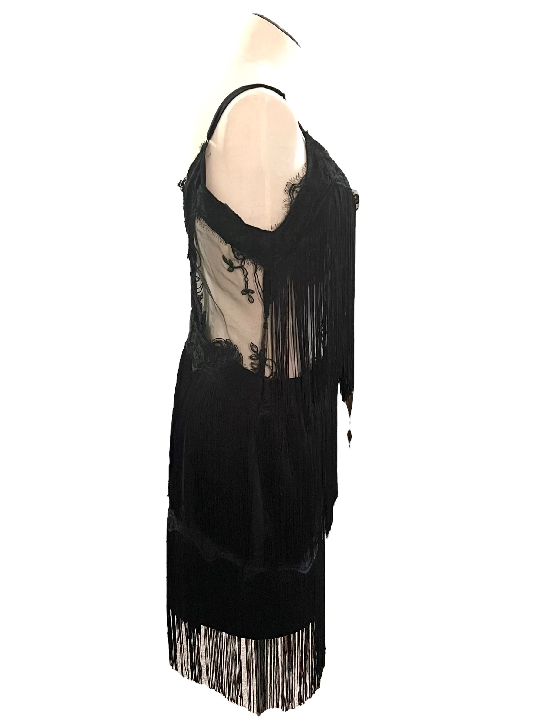 Aakaa Size L Black Fringe Lace Dress