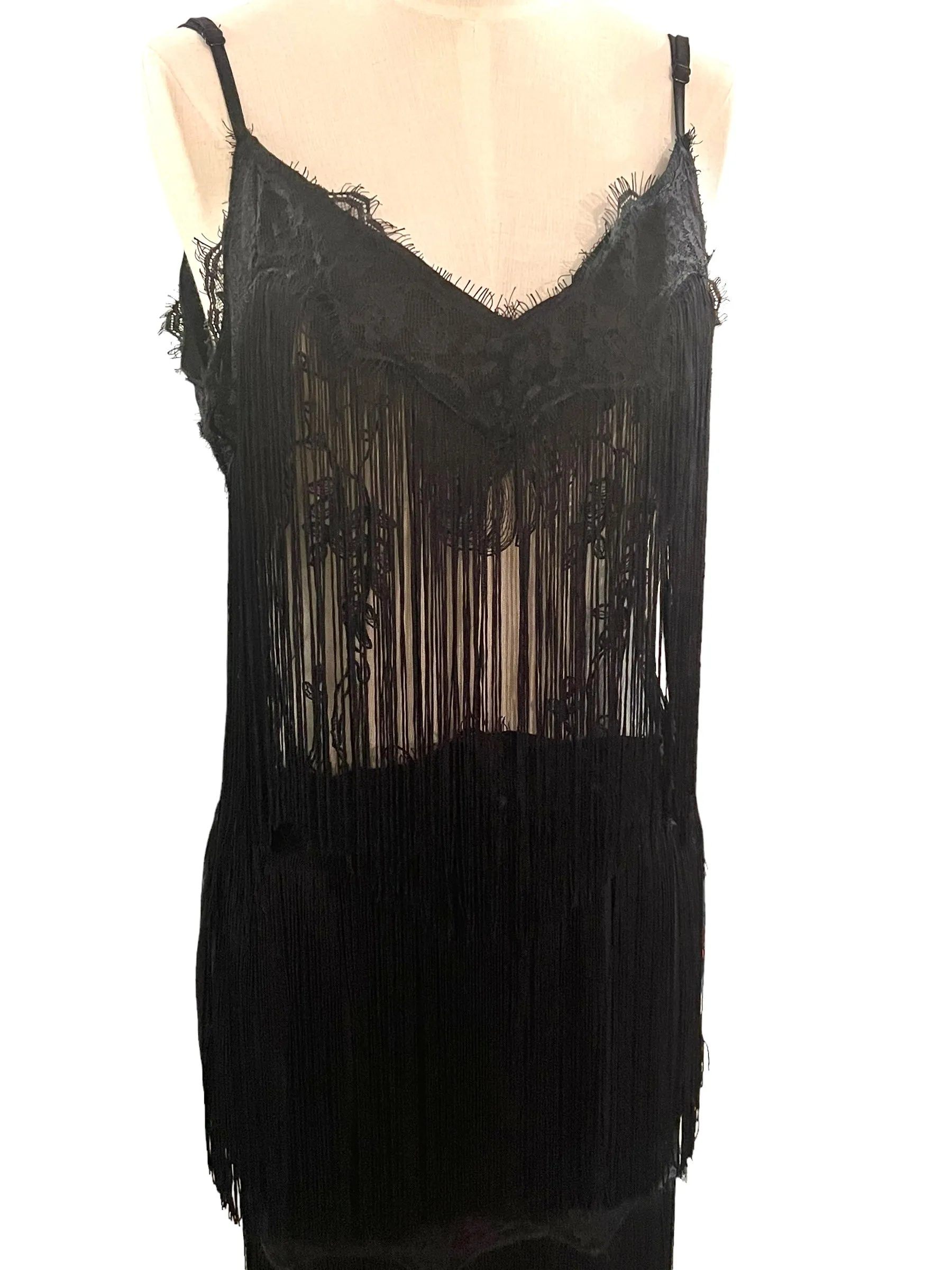 Aakaa Size L Black Fringe Lace Dress