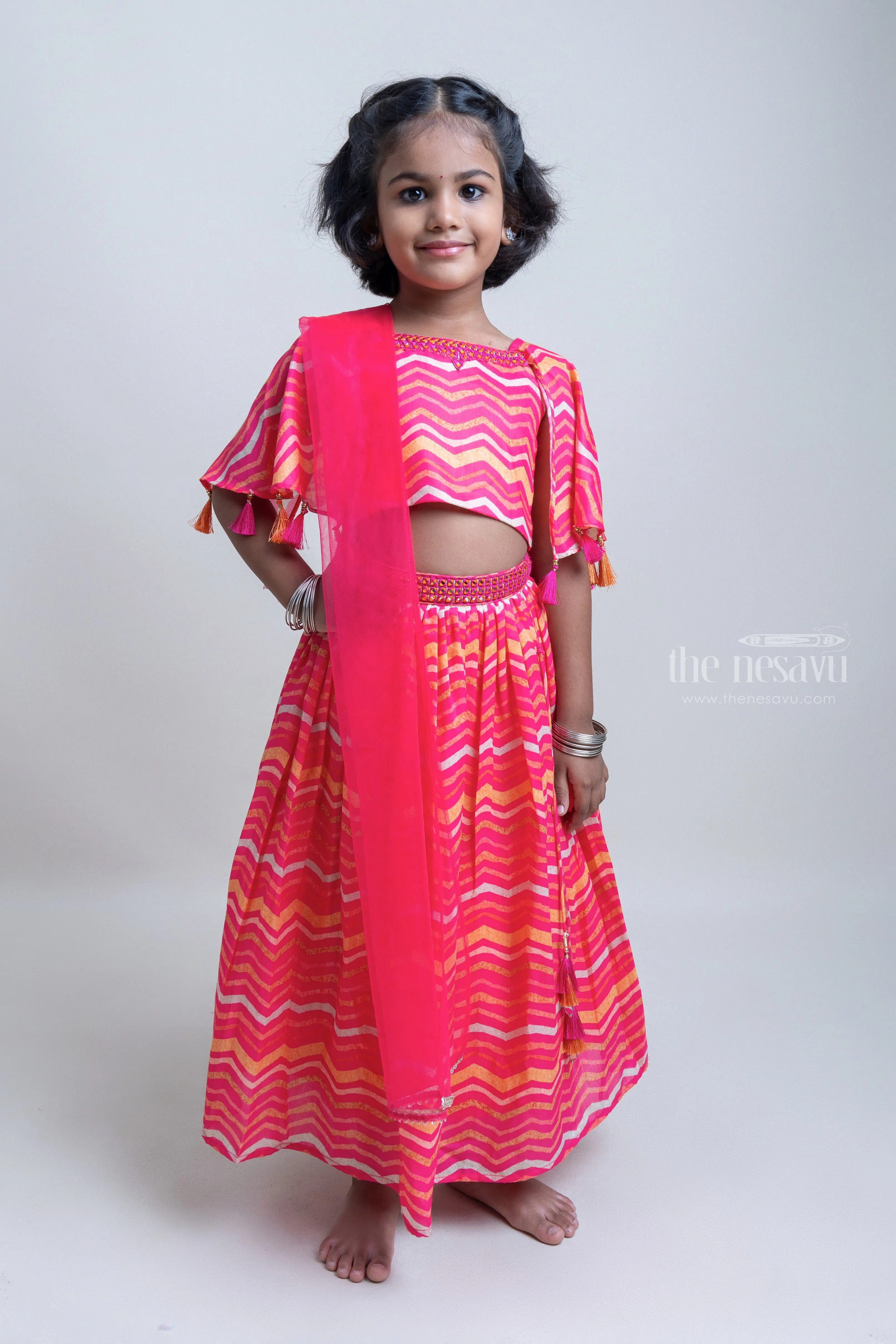 Adorable Deeppink Zigzag Printed Lehanga Choli Set For Girls