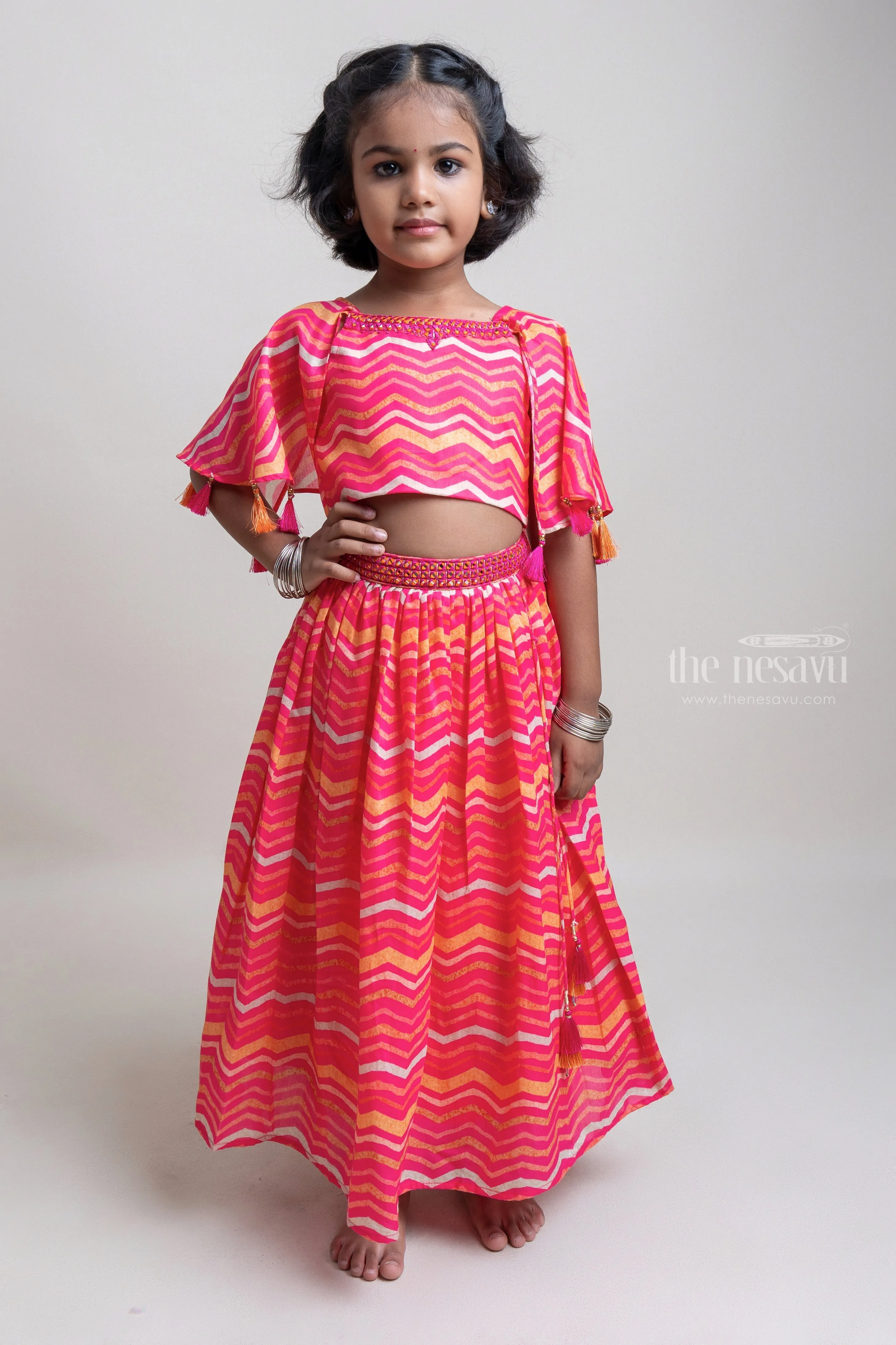 Adorable Deeppink Zigzag Printed Lehanga Choli Set For Girls