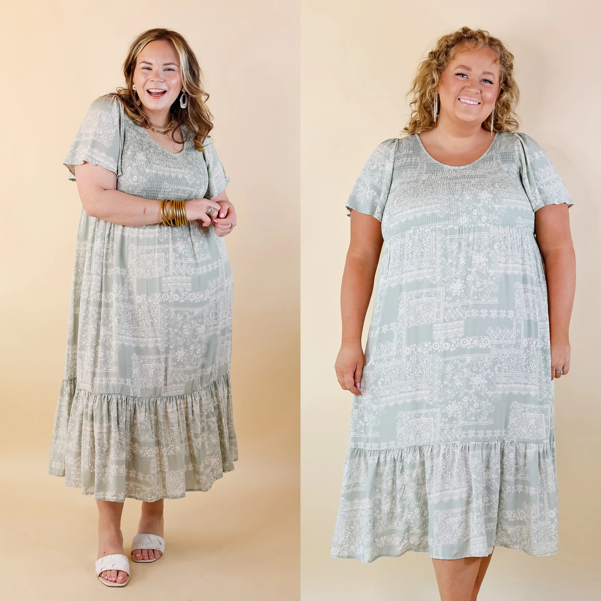 Adore The Shore Block Print Midi Dress with Smocked Bodice in Sage Green