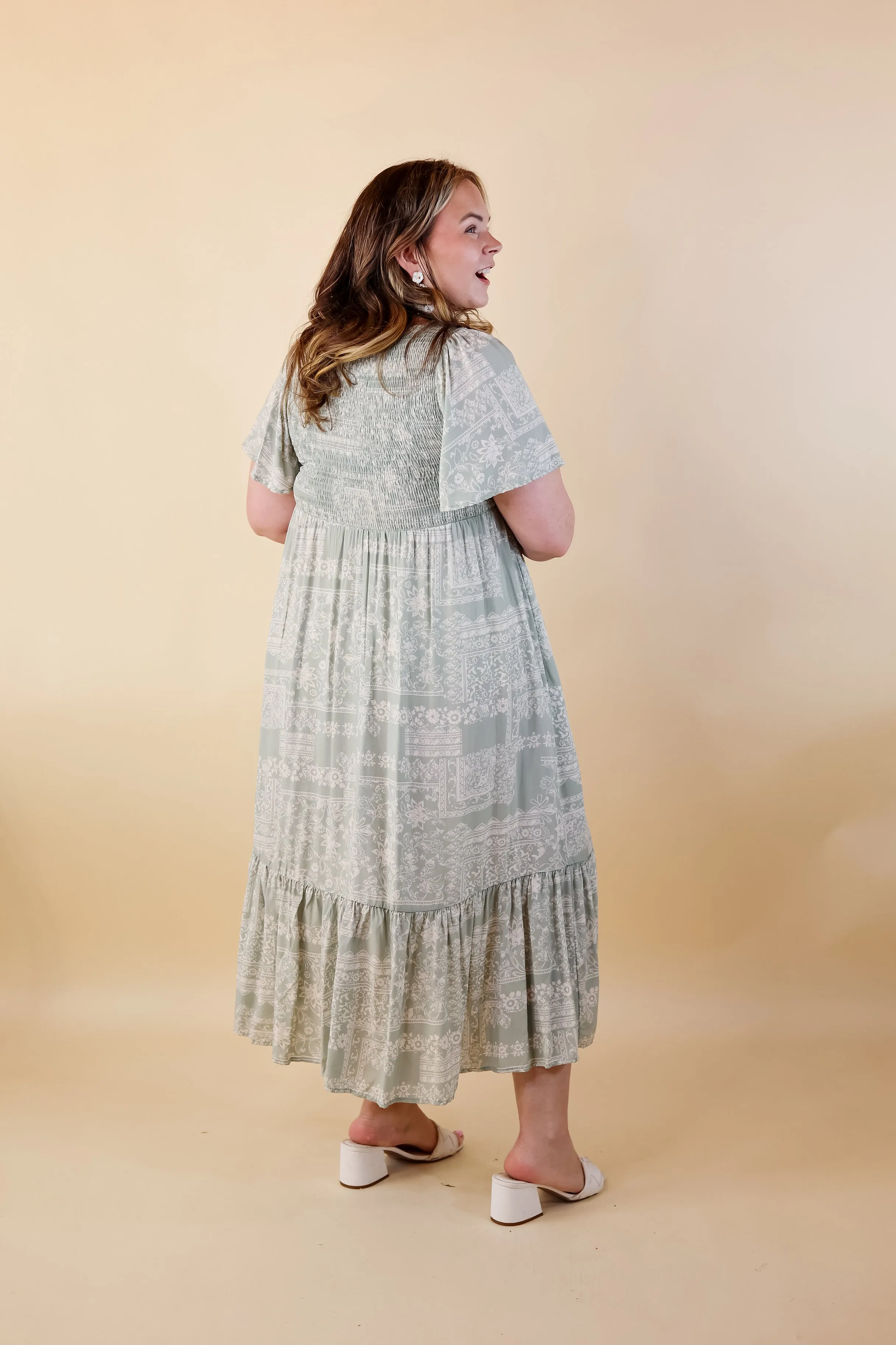 Adore The Shore Block Print Midi Dress with Smocked Bodice in Sage Green