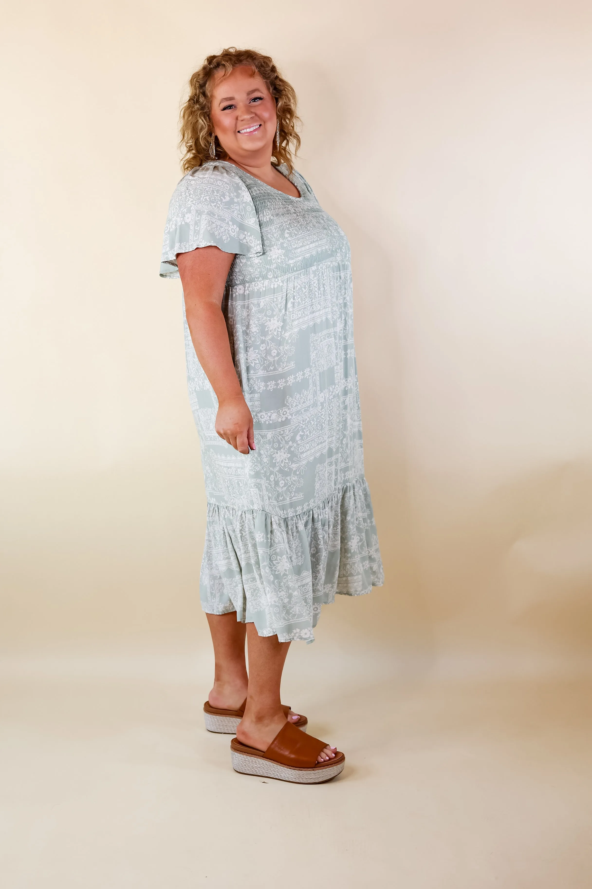 Adore The Shore Block Print Midi Dress with Smocked Bodice in Sage Green