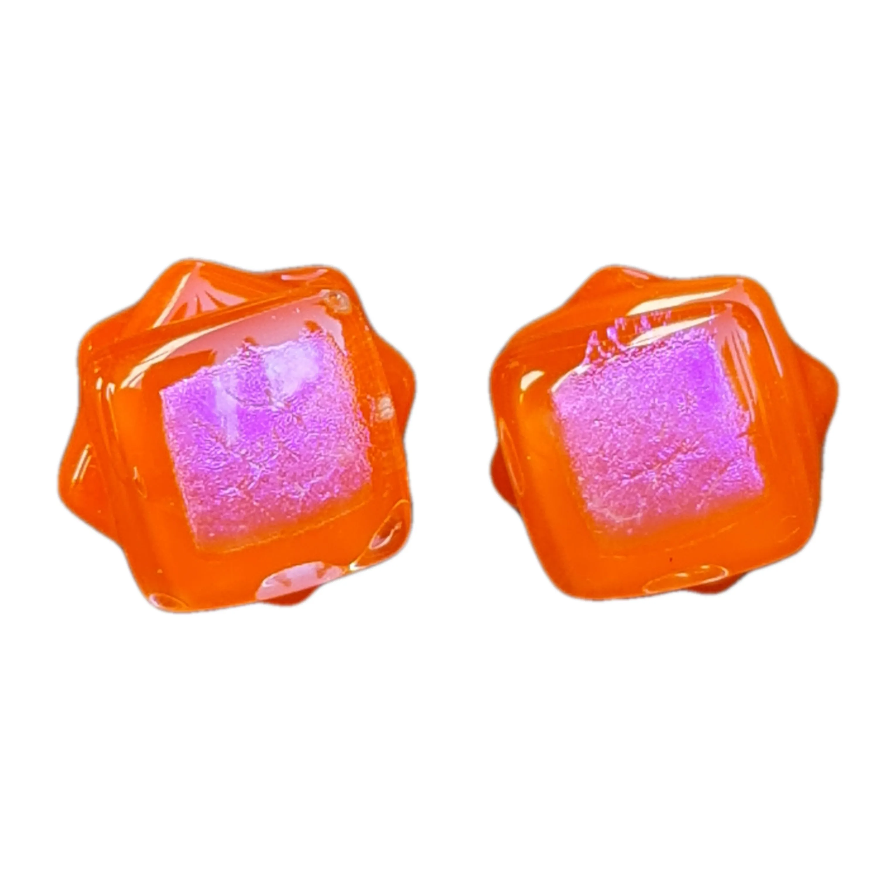 Artisan Glass stud earrings Orange and Pink