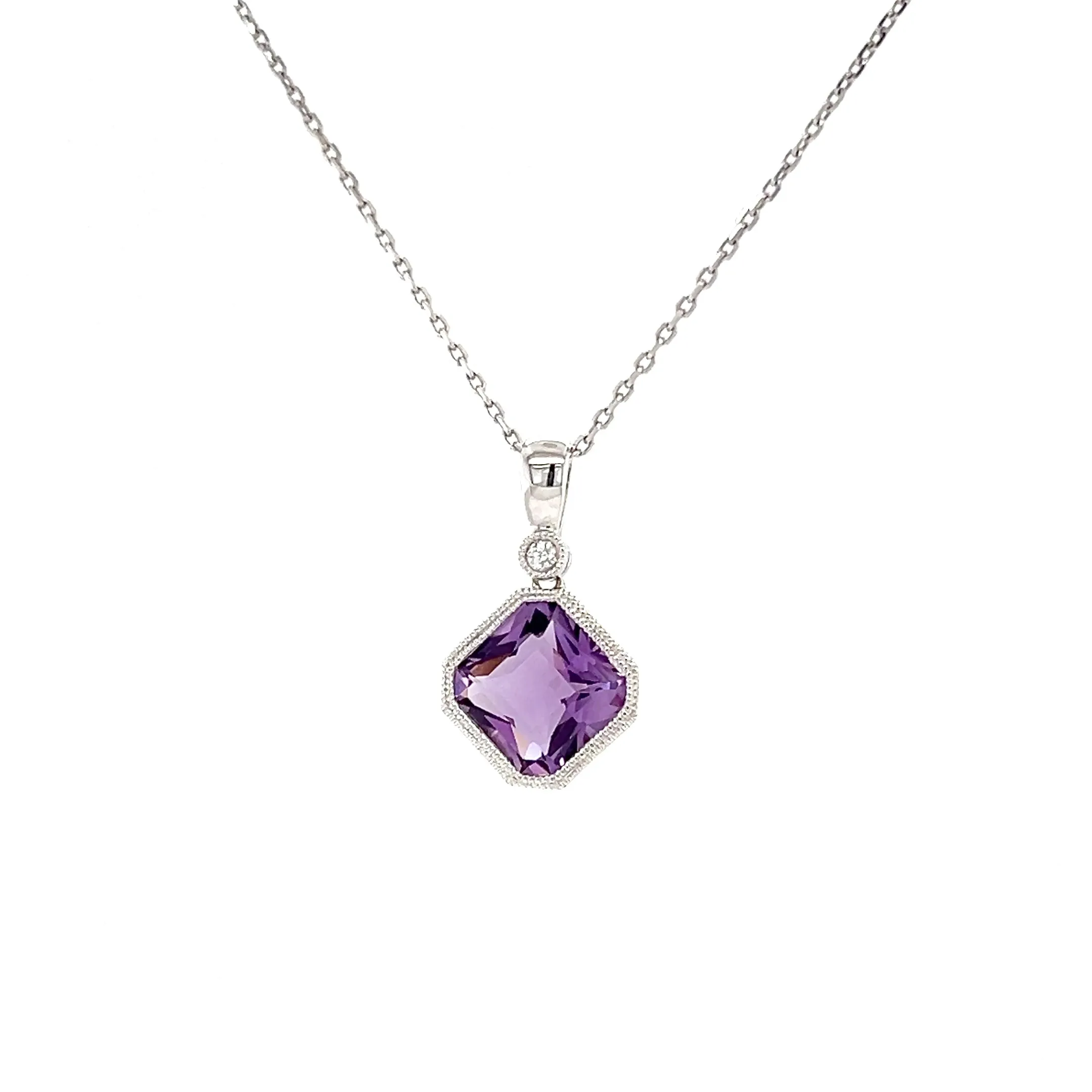 Asscher Amethyst Pendant with One Diamond in 14K White Gold