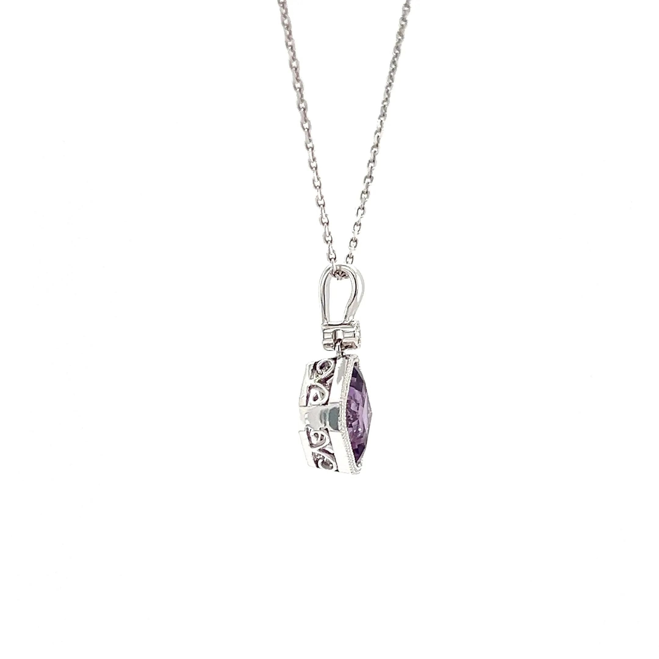 Asscher Amethyst Pendant with One Diamond in 14K White Gold