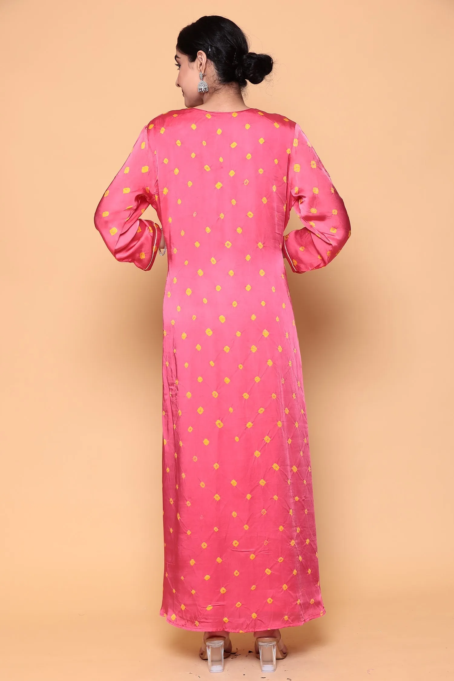 Asymmetric Bandhej Silk Suit with Gota work.