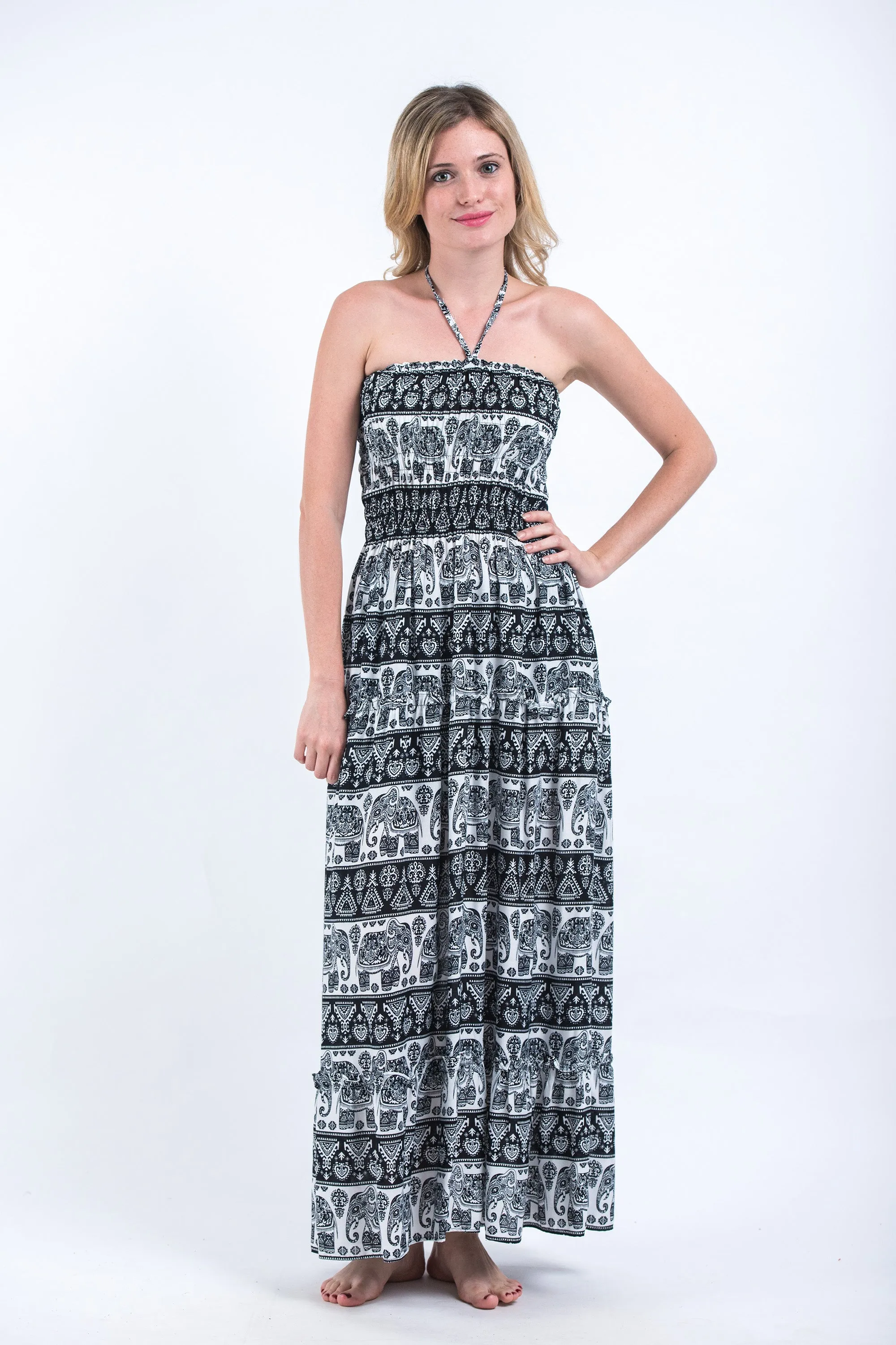 Aztec Elephants Smocked Bandeau Maxi Dress in Black White