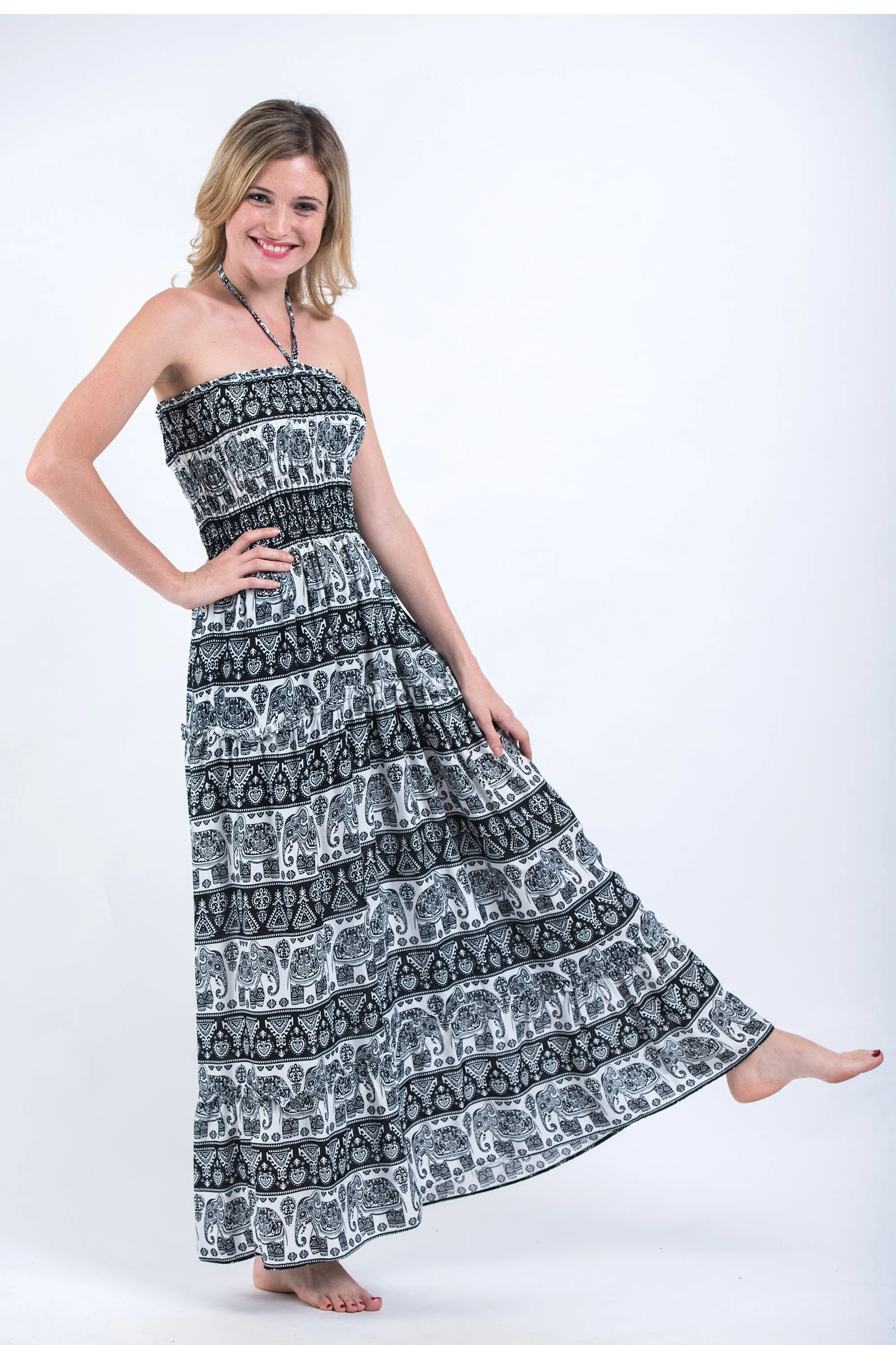 Aztec Elephants Smocked Bandeau Maxi Dress in Black White