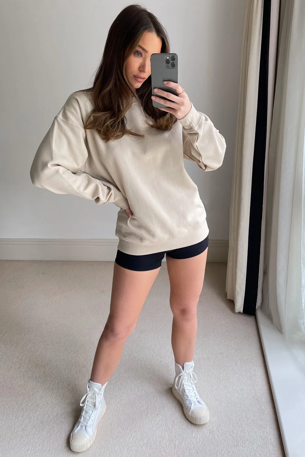 Beige Slogan Oversized Jumper