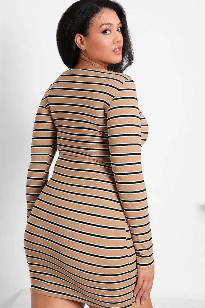 Beige Square Neckline Stripy Dress