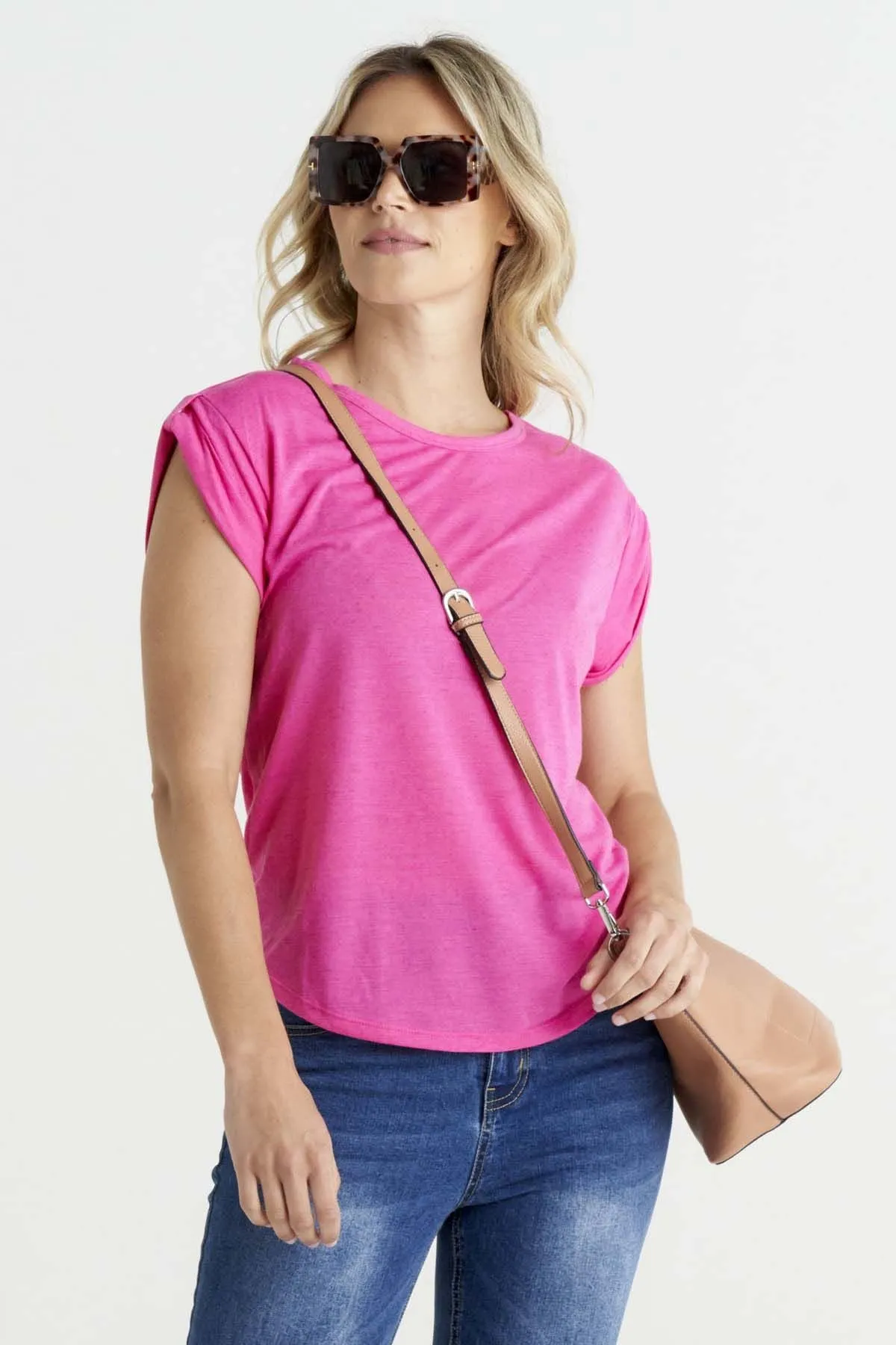 Betty Basics Gemma Roll Cuff Top in Pink