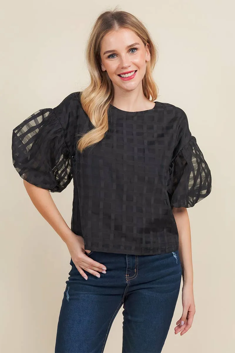 BLACK CHECKERED ORGANZA PUFF SLEEVE TOP