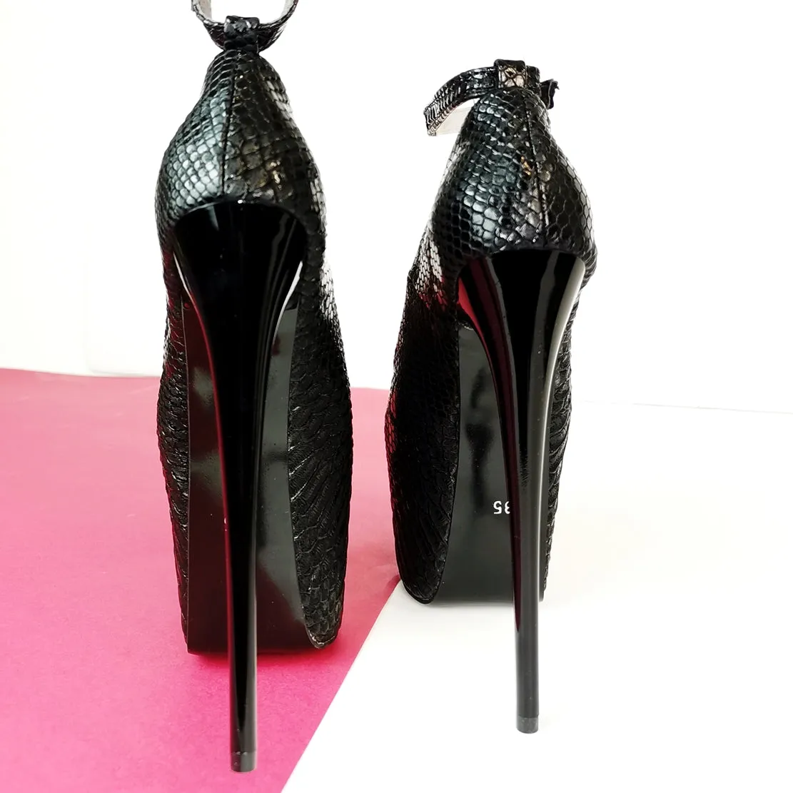 Black Croco Ankle Strap Peep Toe Heels