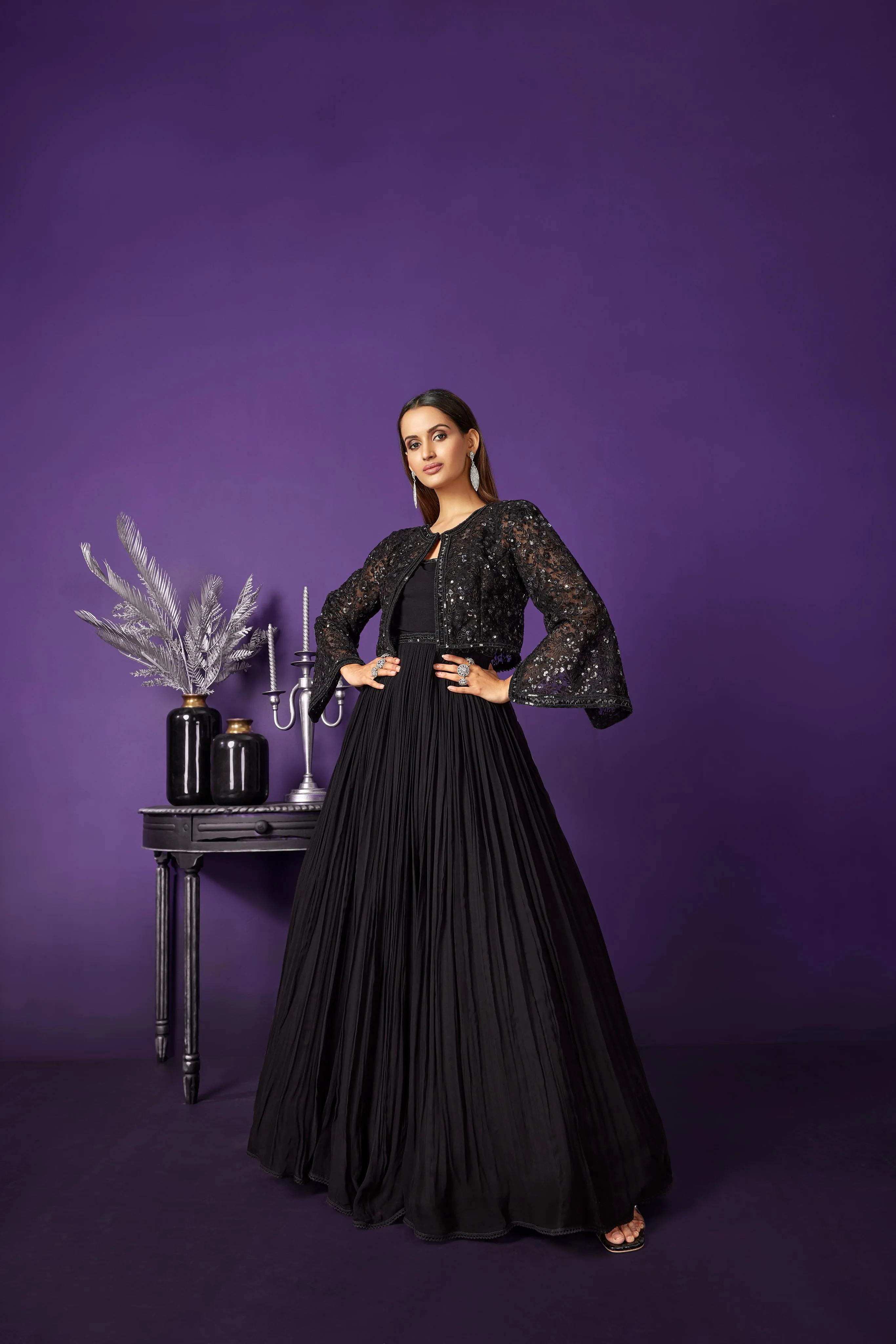 Black Embellished Swiss Georgette Silk Jacket Gown