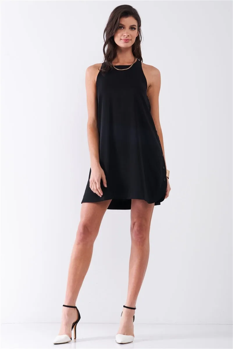 Black Sleeveless Crew Neck Side Snap Button Down Racerback Mini Tent Dress