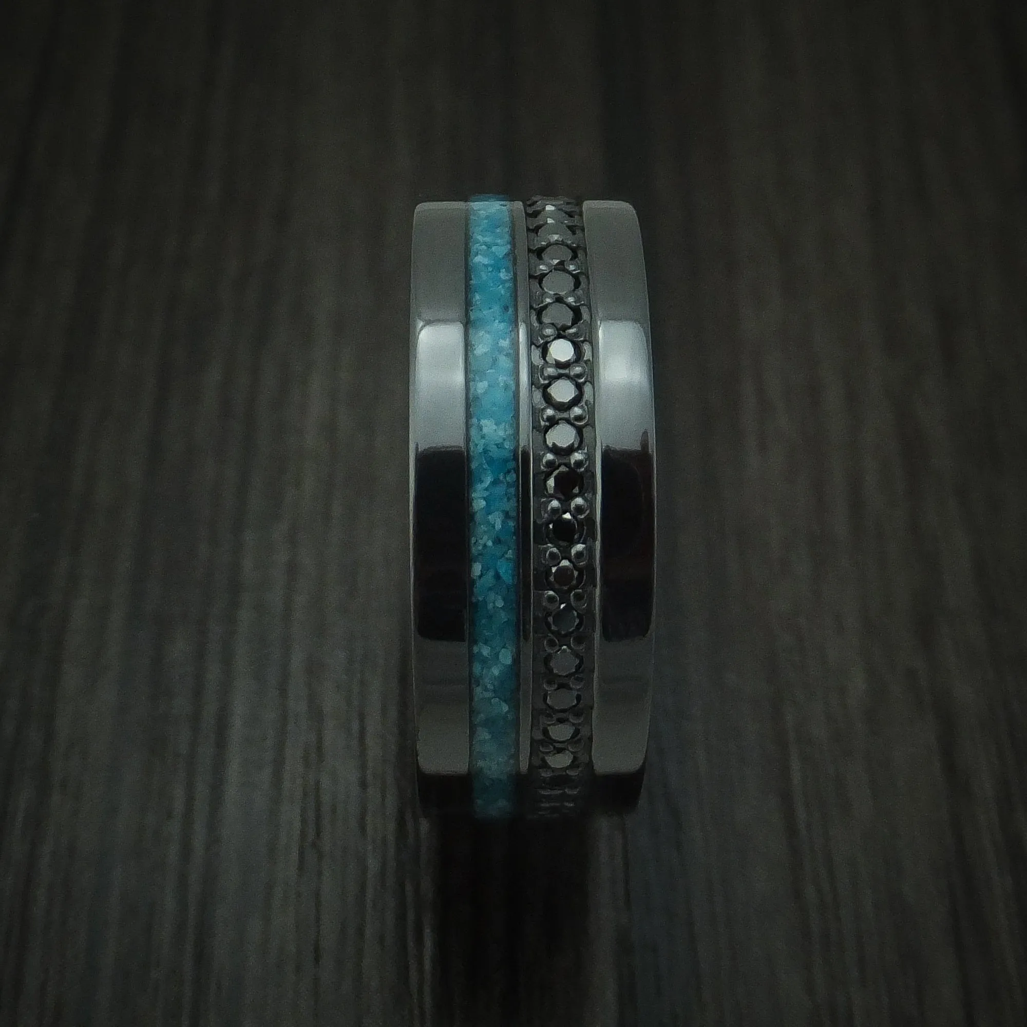 Black Titanium and Black Diamond Men's Ring with Turquoise Inlay Custom Made