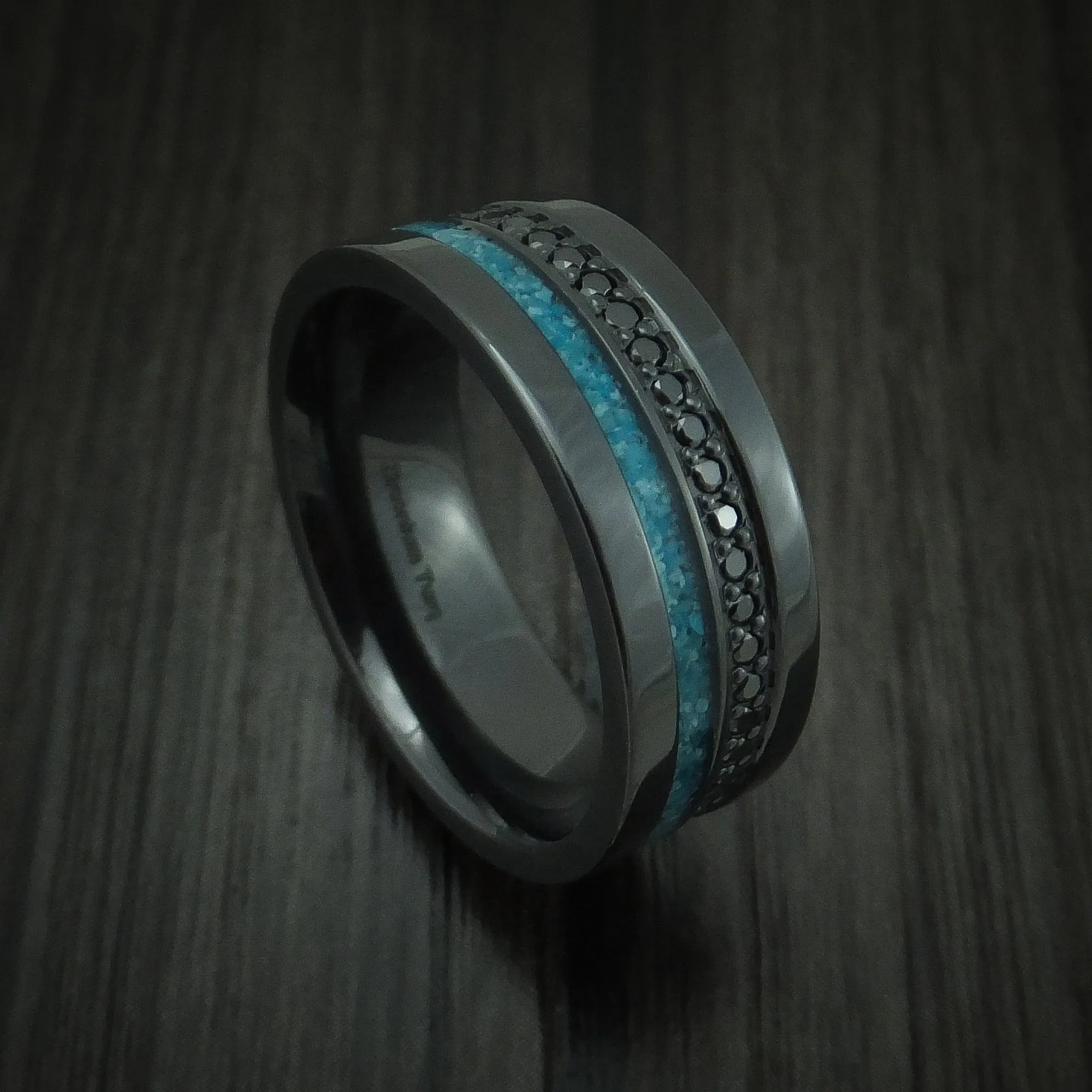 Black Titanium and Black Diamond Men's Ring with Turquoise Inlay Custom Made