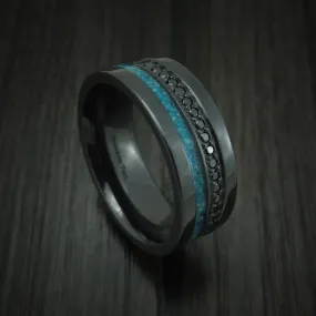 Black Titanium and Black Diamond Men's Ring with Turquoise Inlay Custom Made