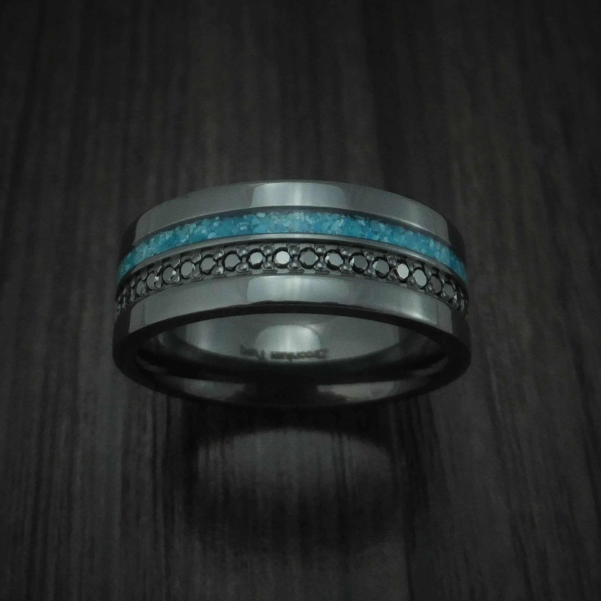 Black Titanium and Black Diamond Men's Ring with Turquoise Inlay Custom Made