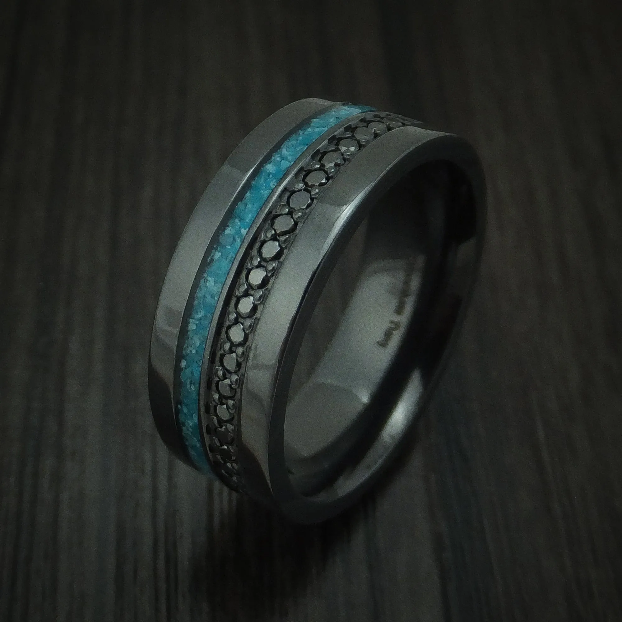 Black Titanium and Black Diamond Men's Ring with Turquoise Inlay Custom Made