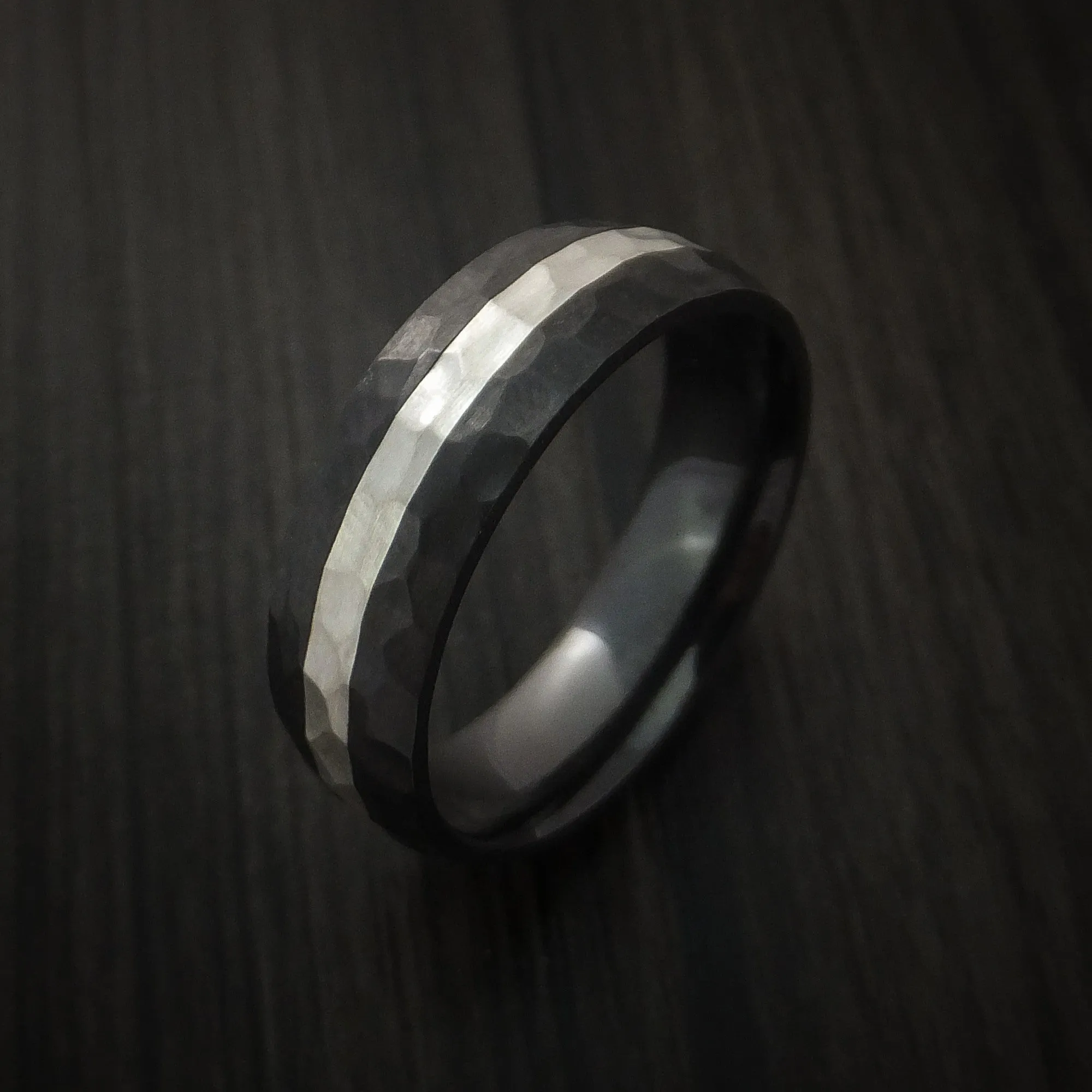 Black Titanium Hammer Finish Band Palladium Silver Inlay Men's Ring