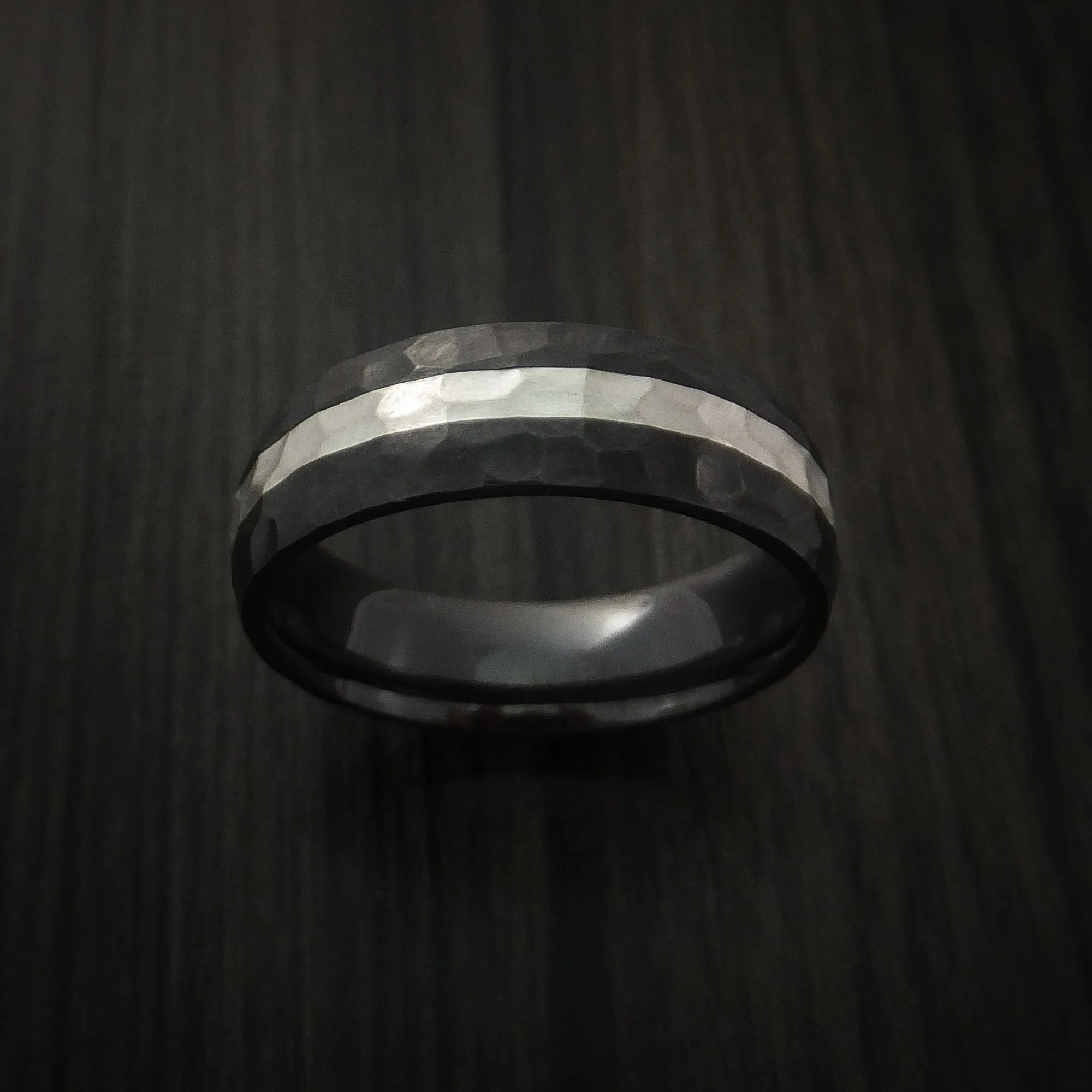 Black Titanium Hammer Finish Band Palladium Silver Inlay Men's Ring