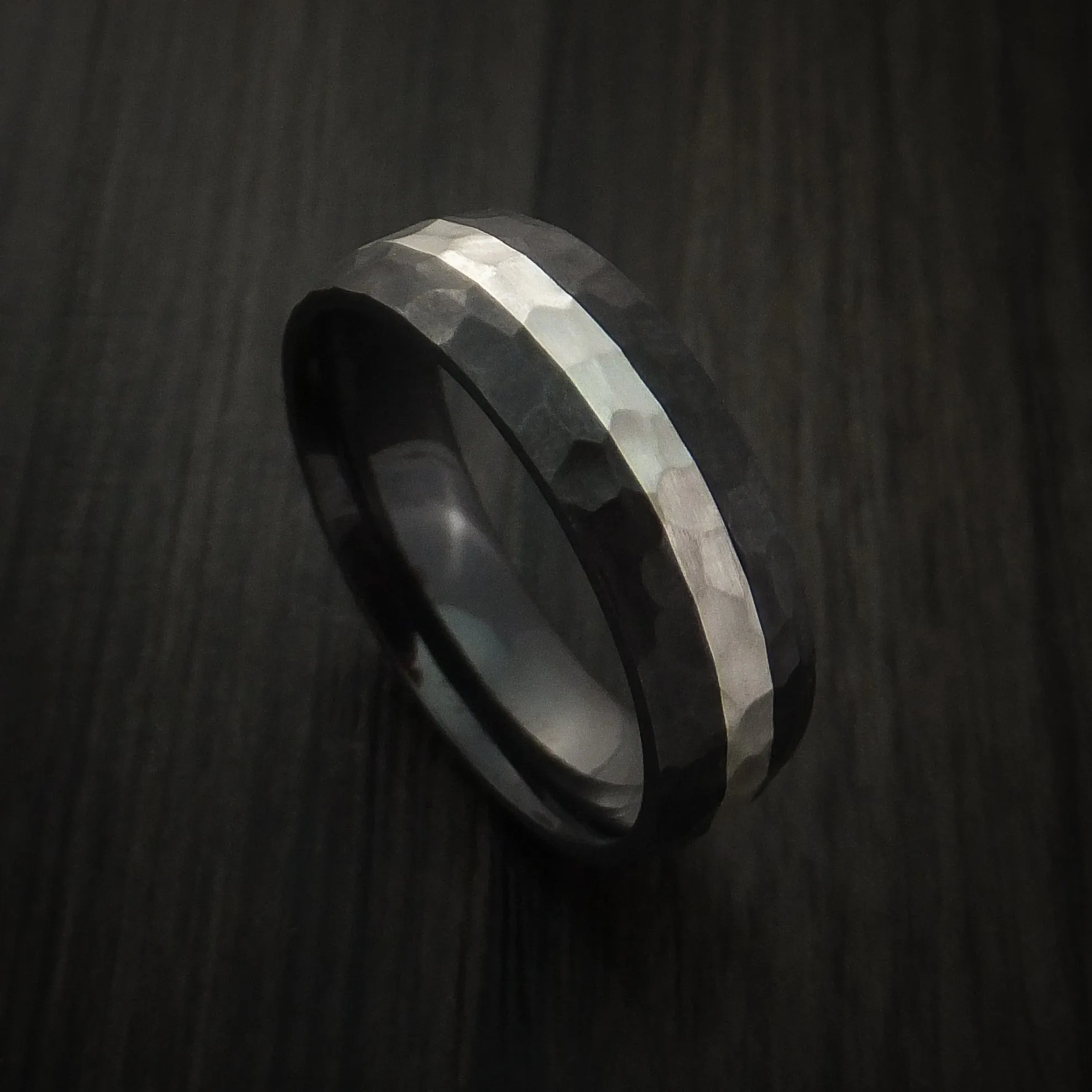 Black Titanium Hammer Finish Band Palladium Silver Inlay Men's Ring