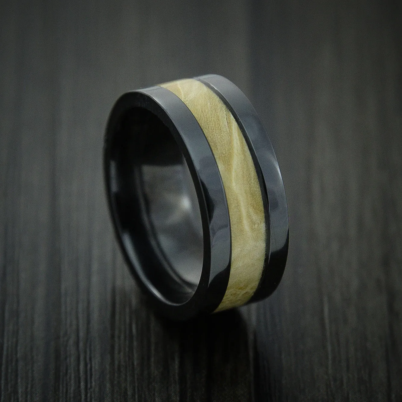 Black Titanium Men's Ring Inlaid with Boxelder Burl Wood Custom Made