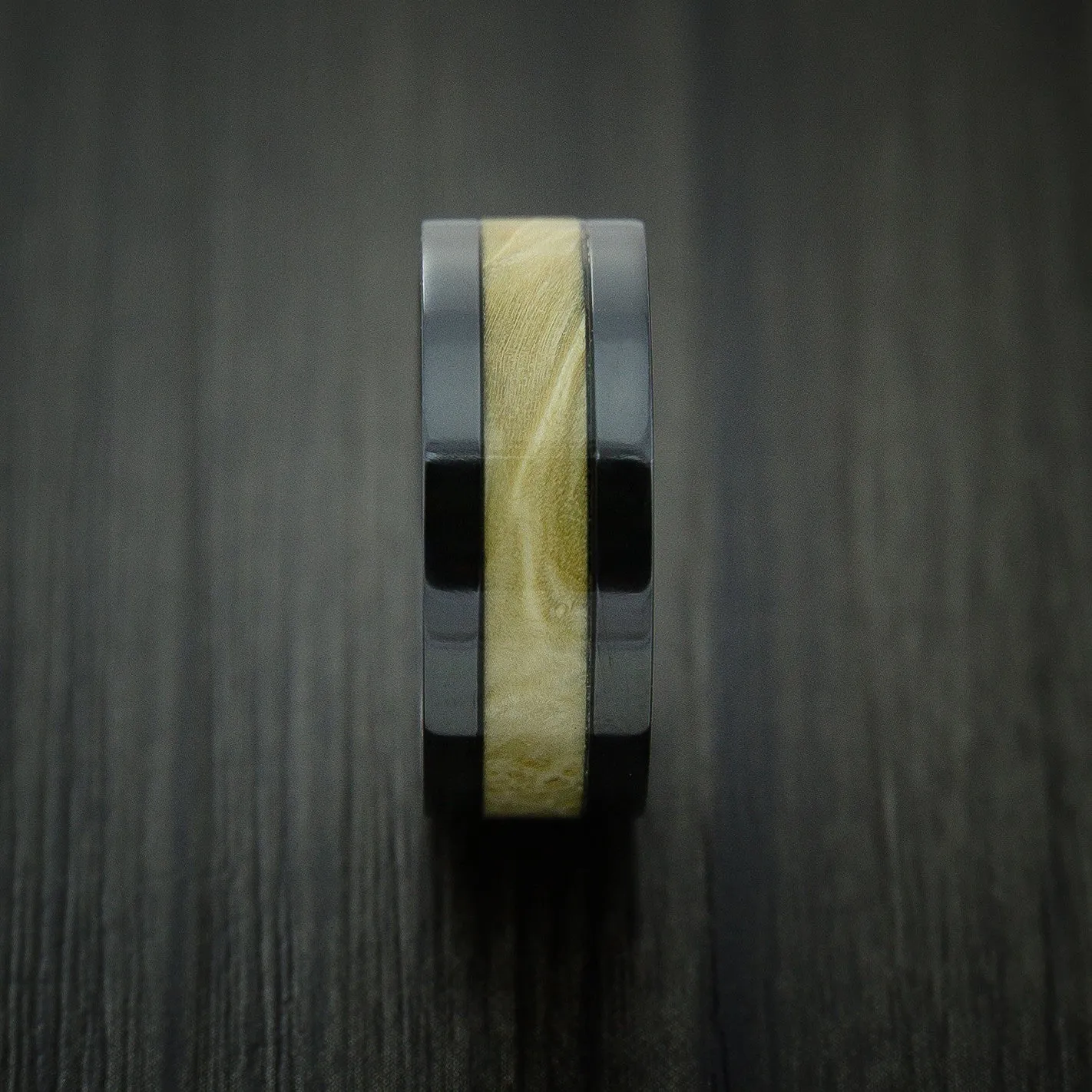 Black Titanium Men's Ring Inlaid with Boxelder Burl Wood Custom Made