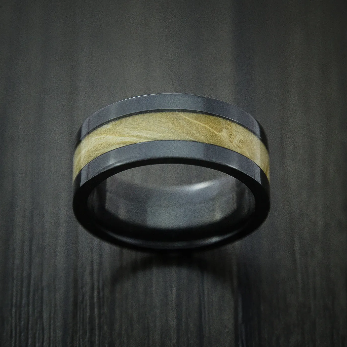 Black Titanium Men's Ring Inlaid with Boxelder Burl Wood Custom Made