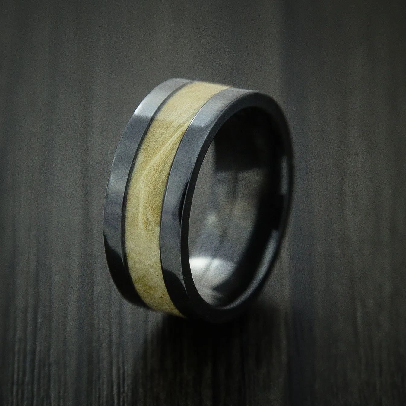 Black Titanium Men's Ring Inlaid with Boxelder Burl Wood Custom Made