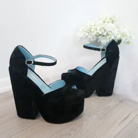 Black Velvet Ankle Strap Platform Wedge Sandals