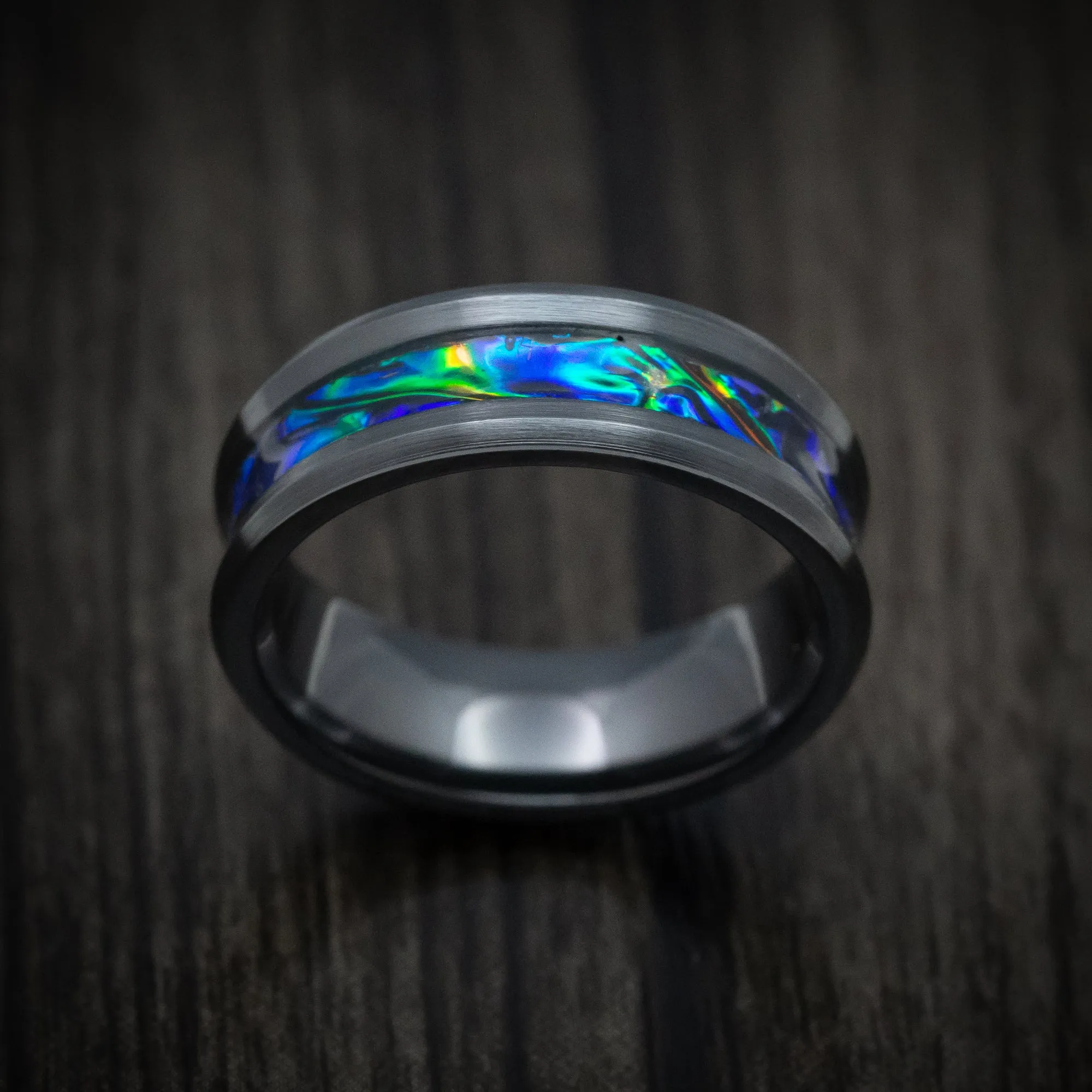 Black Zirconium and Dichrolam Inlay Men's Ring Custom Made Band