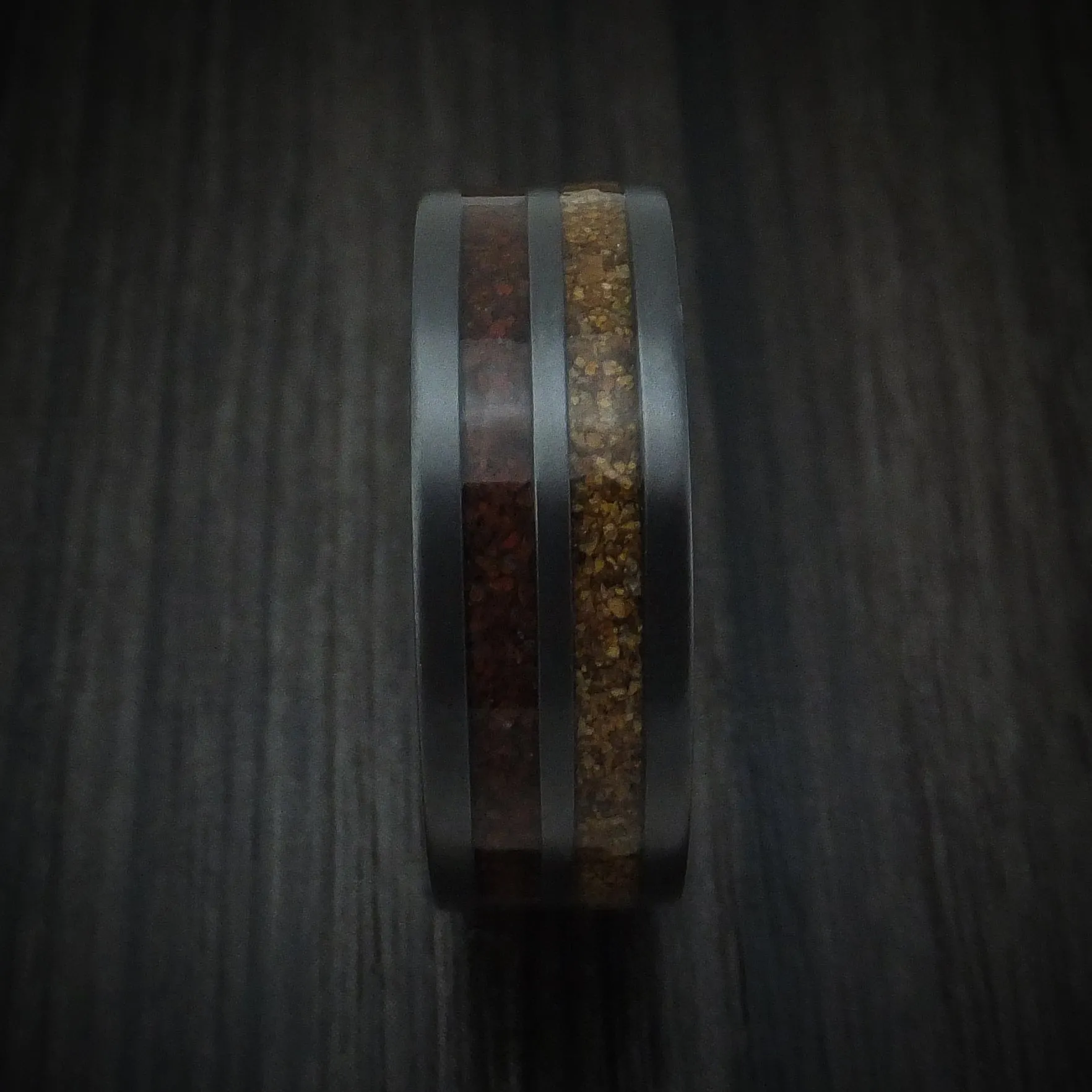 Black Zirconium and Dinosaur Bone Inlays Custom Men's Ring