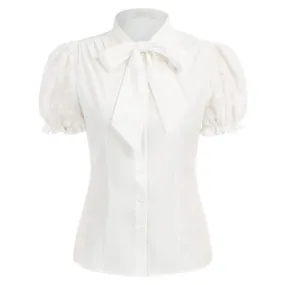 Bow-Knot Decorated Shirt Short Sleeve Stand Collar Tops