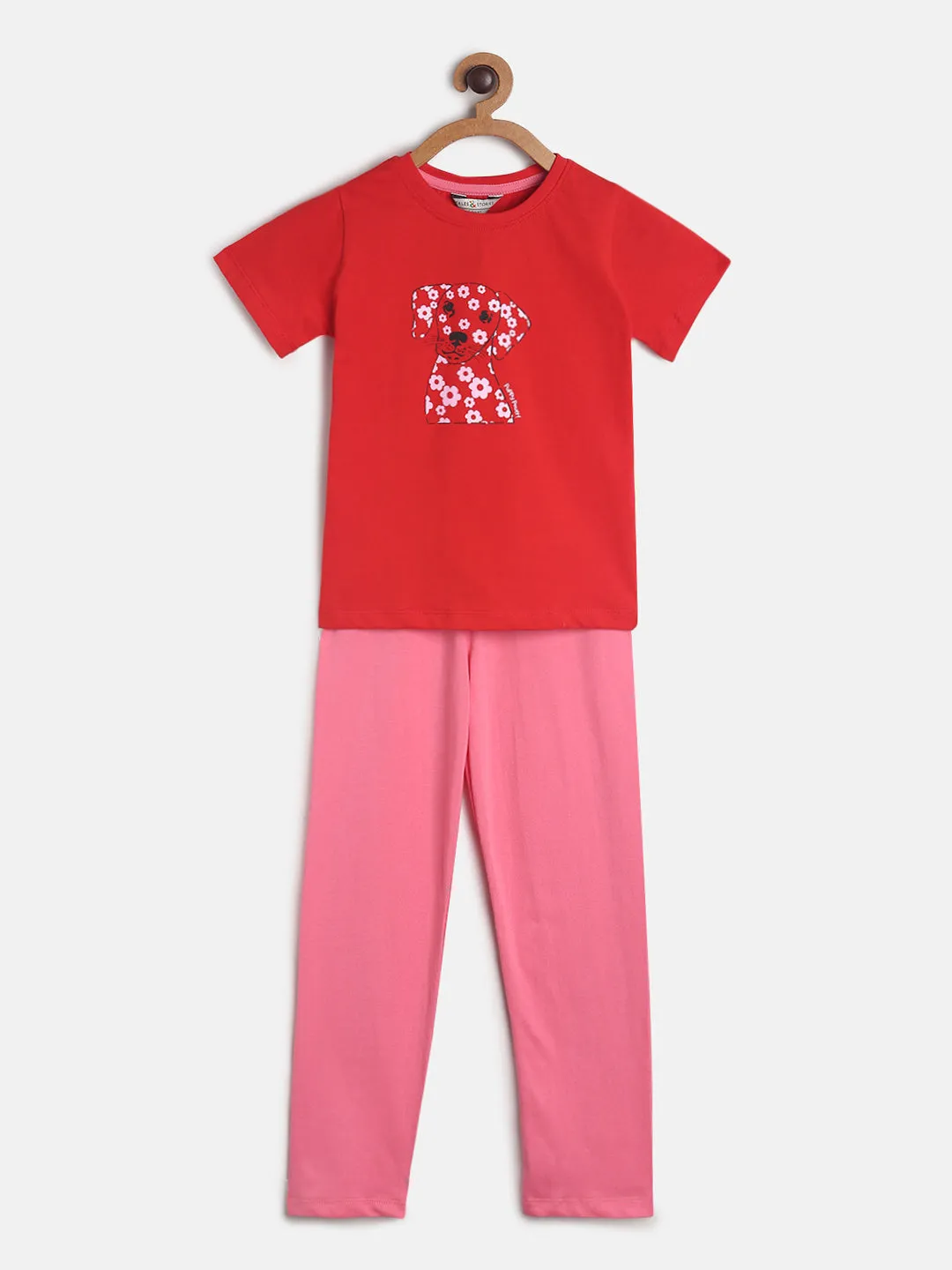 Boys/Girls Red & Pink Printed Cotton Night Suit