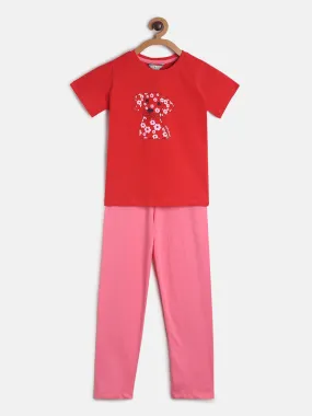 Boys/Girls Red & Pink Printed Cotton Night Suit